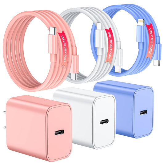 Iphone Charger USB C Fast Charger, 3 Pack 20W Type C Wall Charger Block with 6FT USB C & L Cable, Compatible with Iphone 16/15 Pro Max/14/13/12/11, Samsung Galaxy, Ipad, Airpods, Pixel