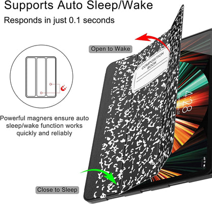 Ipad Pro 12.9 Case 2021/2022 5Th/6Th Generation with Pencil Holder,Slim Lightweight Trifold Stand Case【Pencil Charging+Auto Sleep/Wake】 Soft TPU Back Cover for Ipad Pro 12.9 Inch-Book