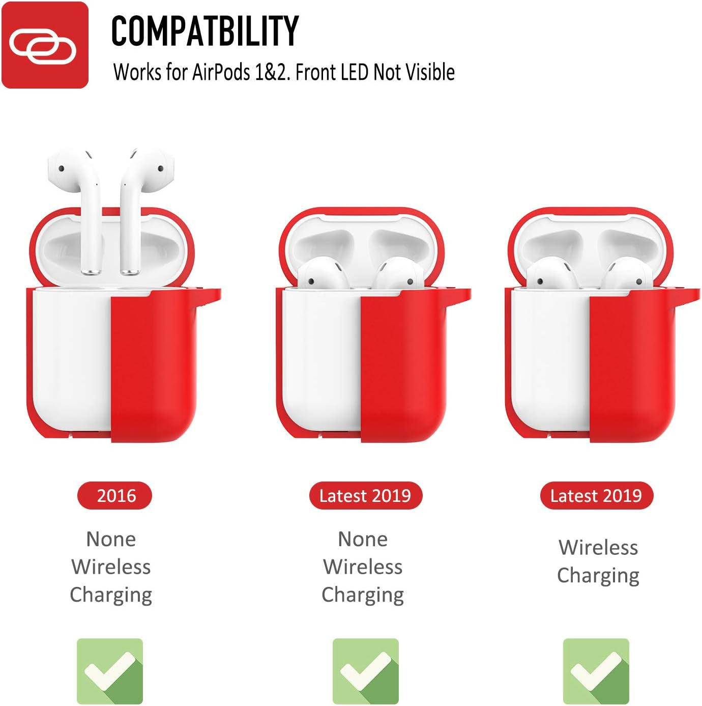 Protective Silicone Case with Keychain for Apple Airpods 1 & 2 (Front LED Not Visible) (Red)