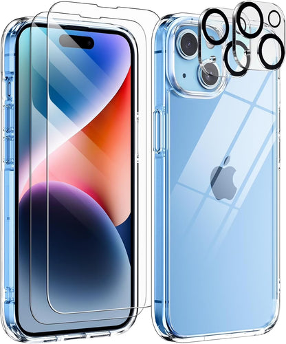 Heavy Duty Transparent Phone Case Designed for Apple Iphone 15 Clear Case with 2 Screen Protector and 2 Camera Lens, Shockproof Dropproof Slim Clear Case for Apple Iphone 15